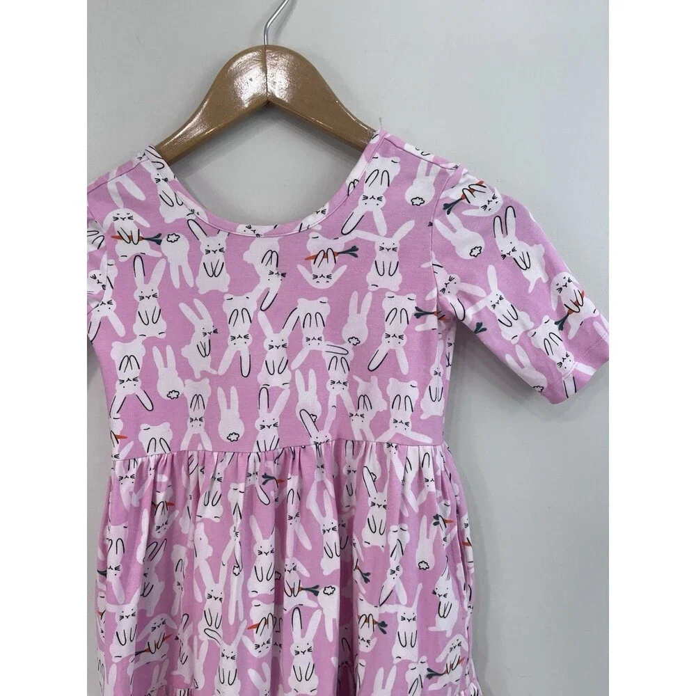 Hanna Andersson Bunny Print Skater Dress Girls 8 Pink Cotton Easter Spring